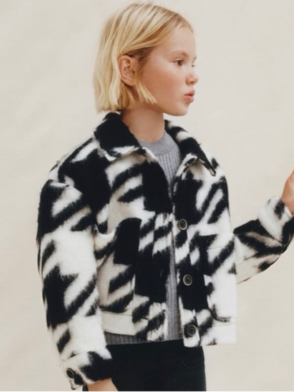 Zara Girls Cropped Overshirt Faux Wool Black & White Houndstooth School Sz 9/10